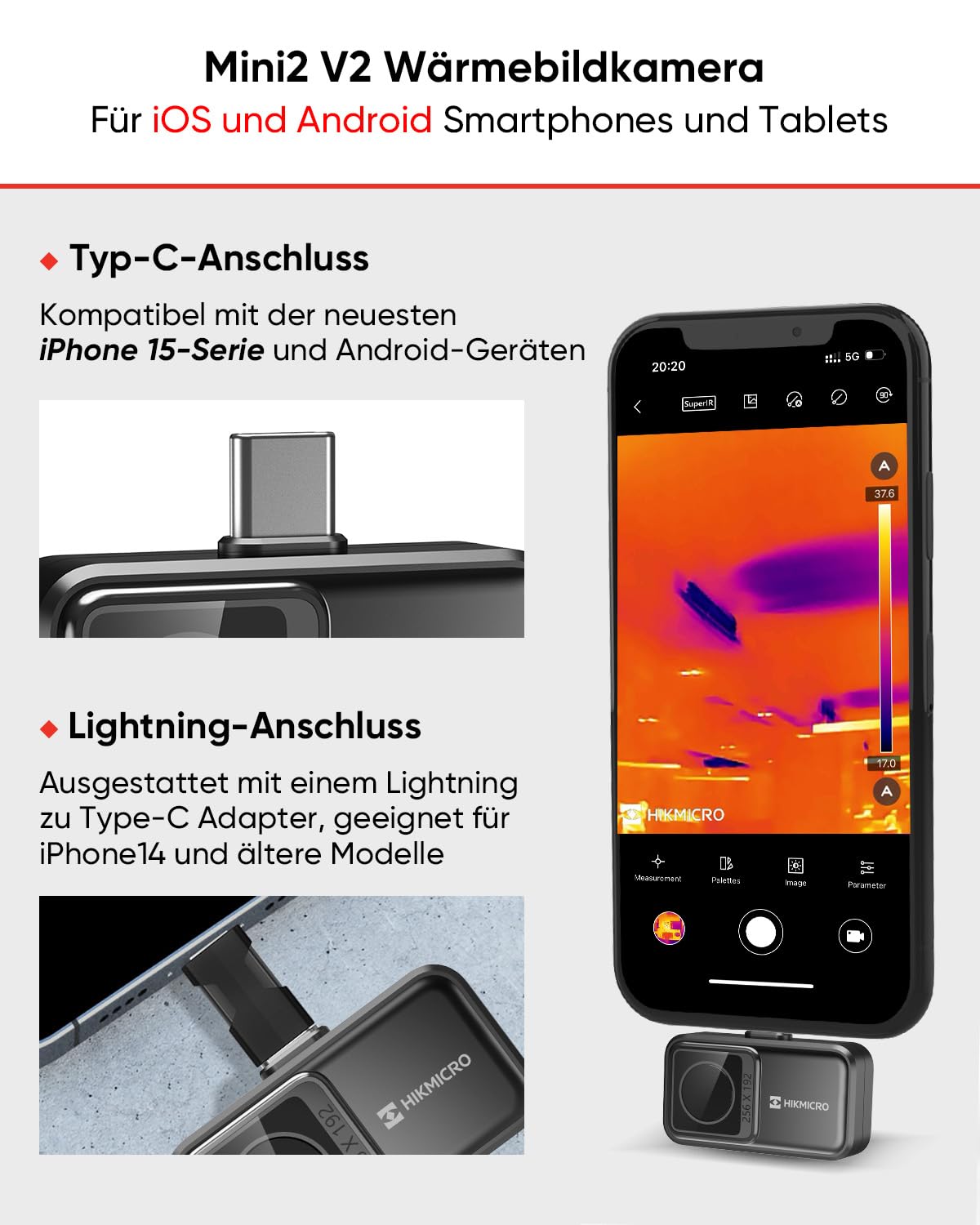 HIKMICRO Mini2 V2 Wärmebildkamera - iOS/Android, 256 x 192 IR-Auflösung, SuperIR, 50° Weitwinkel, USB-C/Lightning - VolTech GmbH